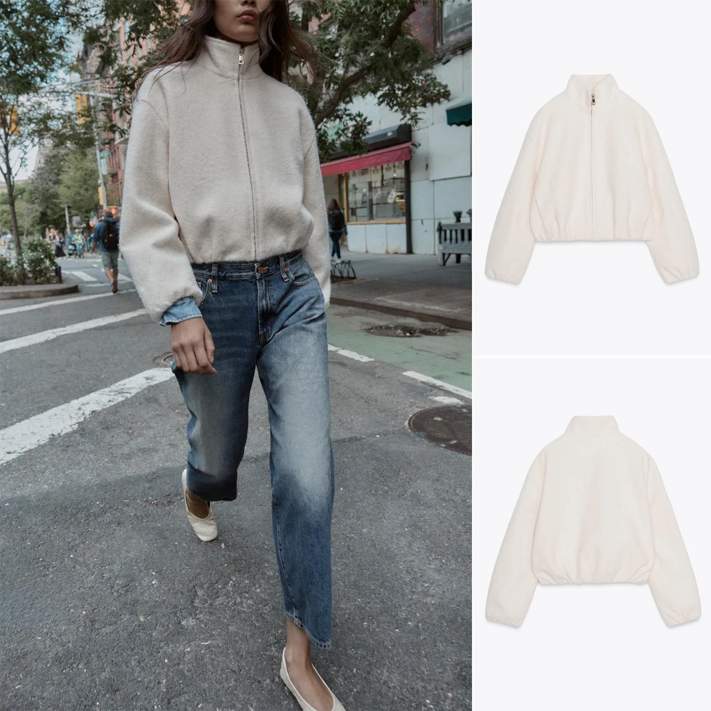

Fall New Women's Zipper Decorated Elastic Layer Long Sve Stand Collar Pearl Woolen Jaet Coat Polyester Fiber 00% Ladies...