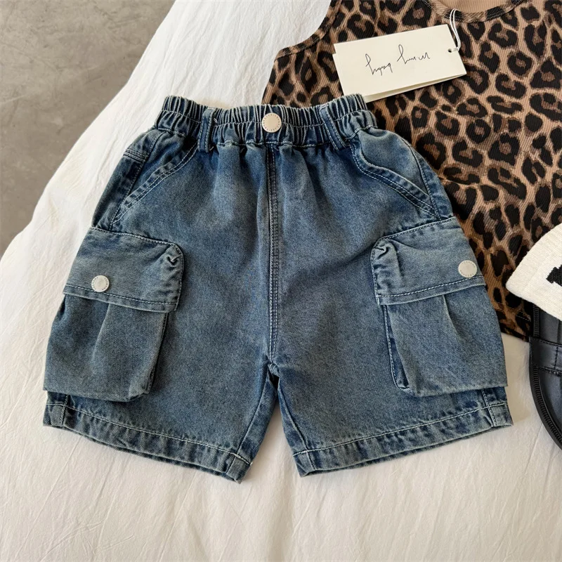Children's shorts 2025 summer new boys and girls pocket denim pants baby tooling five-point pants tide