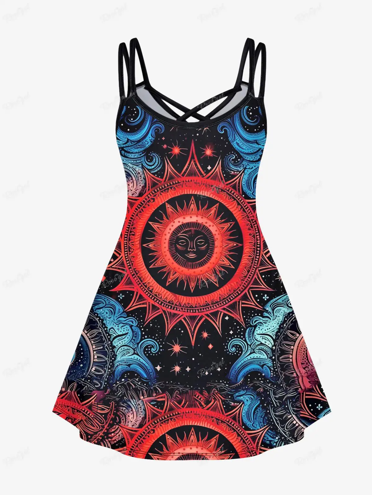 Plus Size Gothic Sun Star Face Print Crisscross Strappy Cami Dress Women Summer Causal Sleeveless Midi Dresses Vestidos