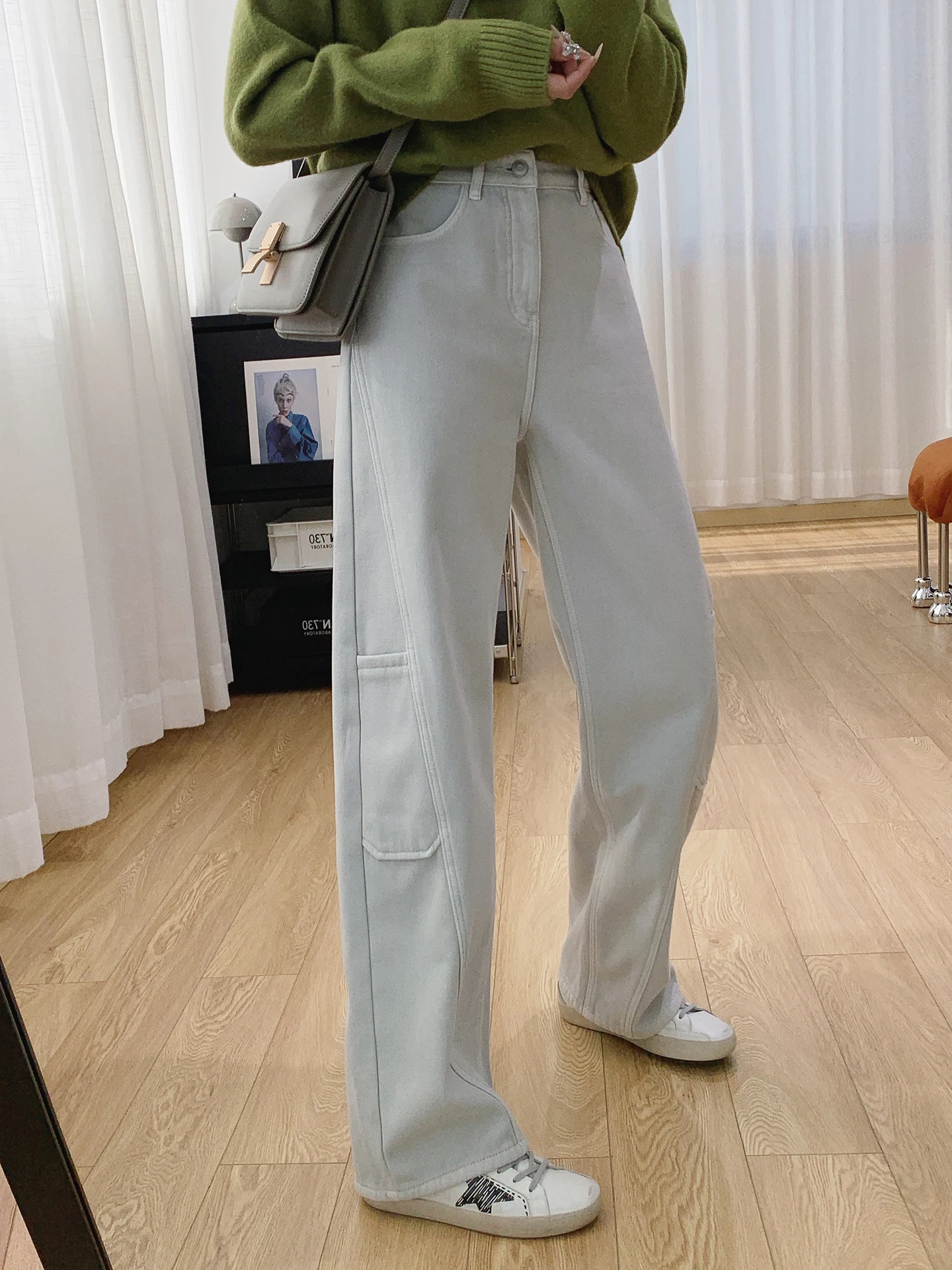 

Утягивающие джинсы с высокой талией на подкладке, узкая версия, джинсовые джинсы, женские осенне-зимние свободные прямые широкие брюки