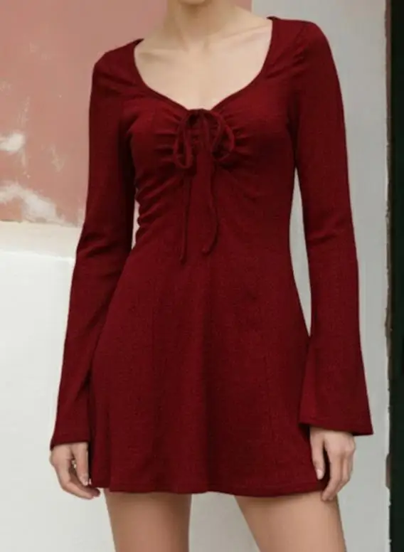 

Retro Red V-Neck Lace Up Waistband Flared Sleeves Slim Fit Sexy Short Sleeved Dress
