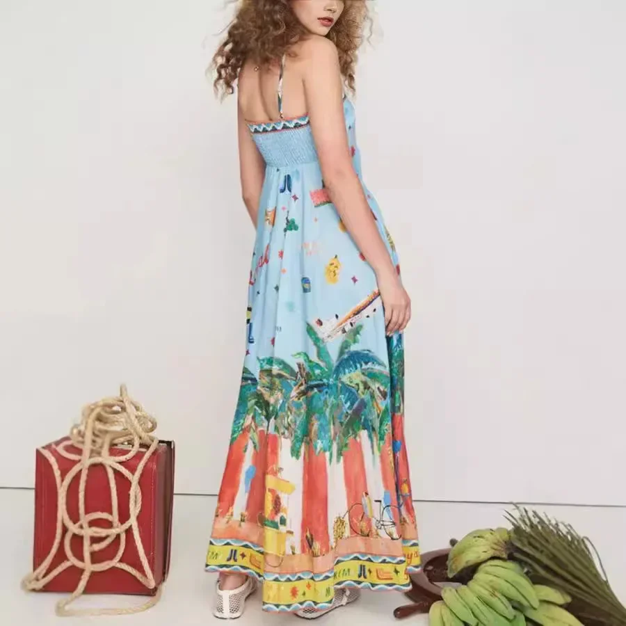 Straps Slip A-line Long Dress Backless Casual Women Print Sleeveless Midi Dresses Party Holiday Fashion Elegant Big Hem Vestido