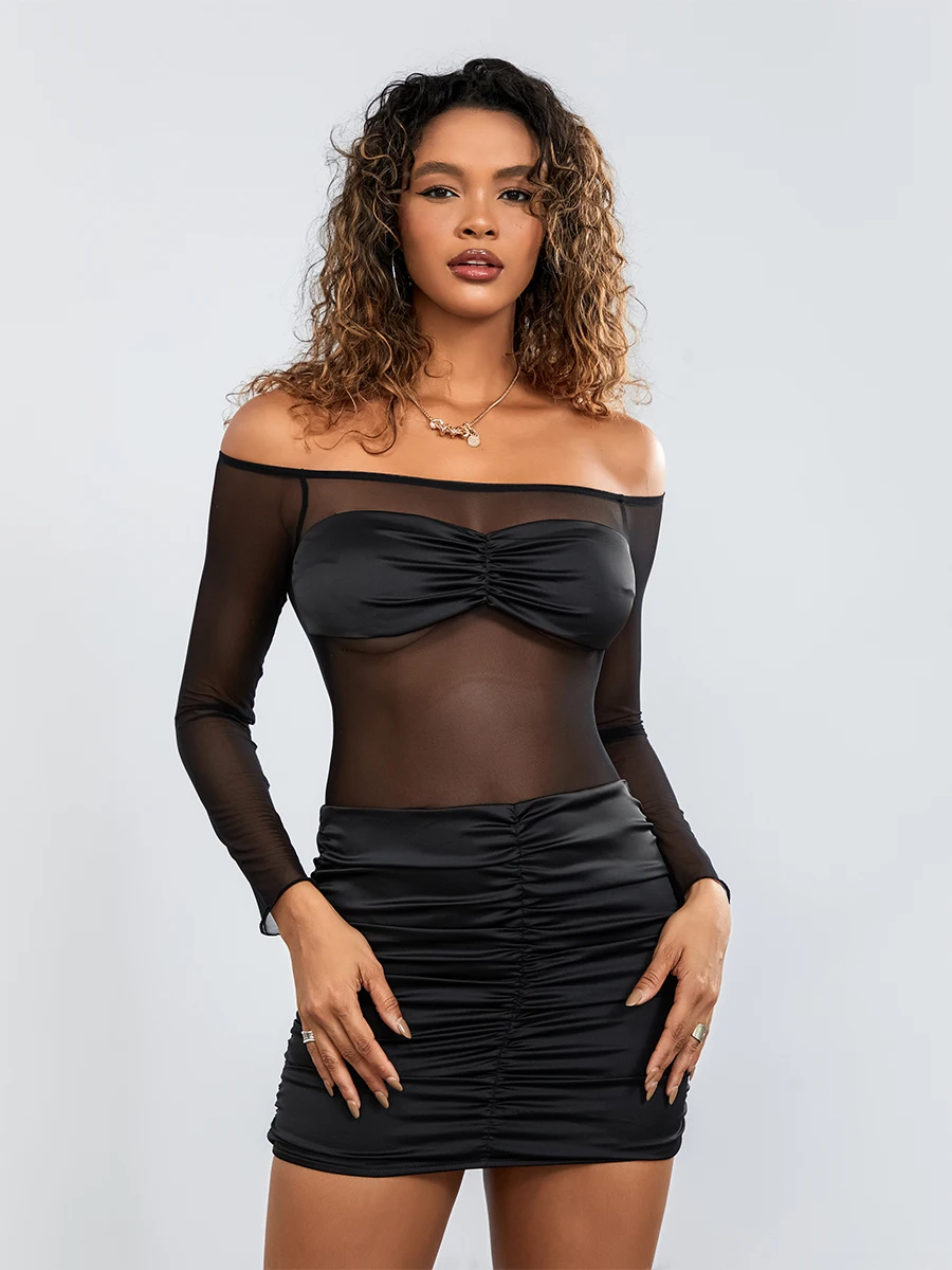 Women s Off Shoulder Sheer Mesh Patchwork Dress Long Sleeve Ruched Slim Fit Party Club Going Out Mini Dress