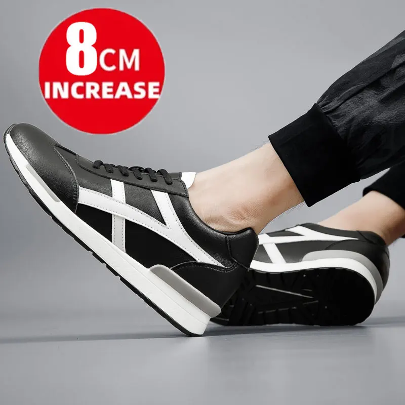 Zapatos deportivos con tacón oculto para hombre, mocasines masculinos de 7CM de altura, color blanco y negro, informales, a la moda