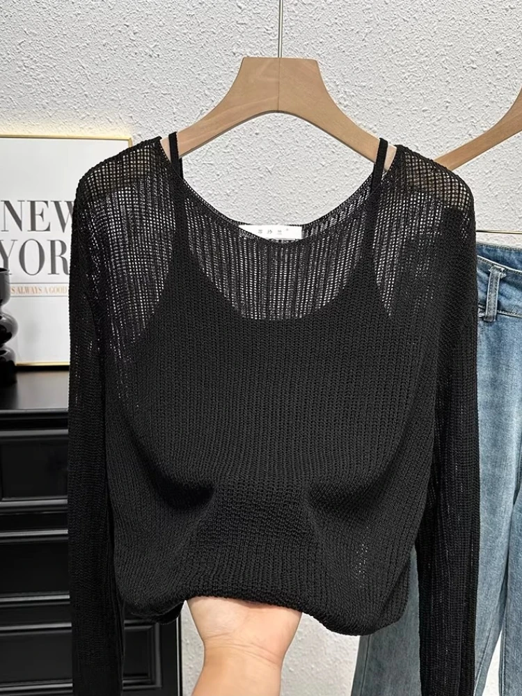 Hollow Out Long Sleeve Thin Knit Blouse 2026 New Summer Sun Protection Cover Up Cami Figure-Flattering Two Piece Set Top view 4