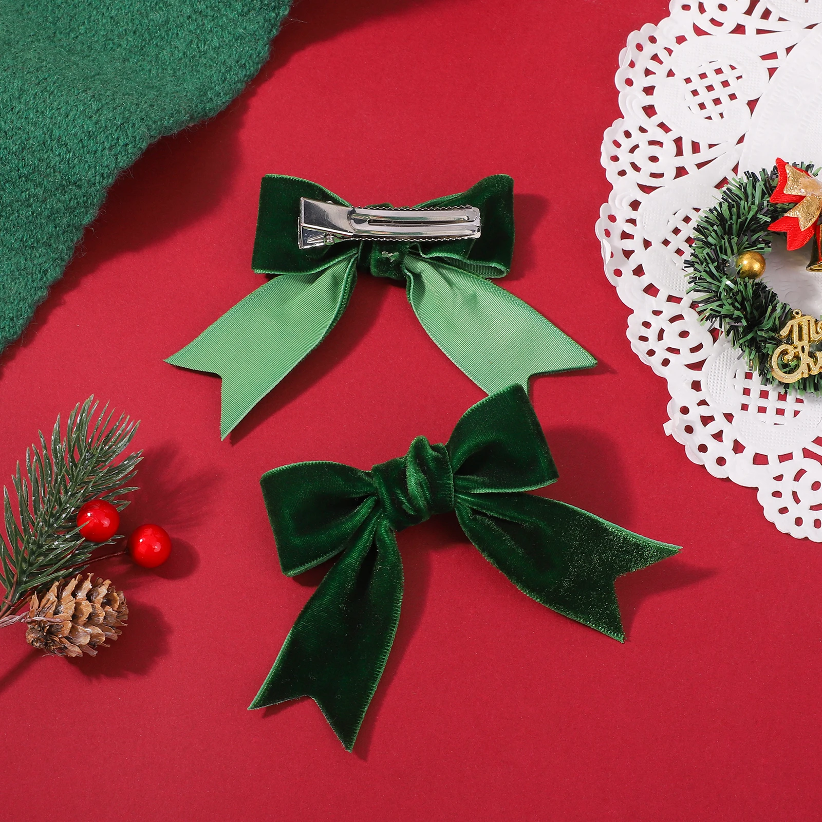 2 uds cinta de terciopelo navideña lazos pinzas para el cabello para niñas Retro rojo verde horquilla hecha a mano accesorios para el cabello de Año Nuevo