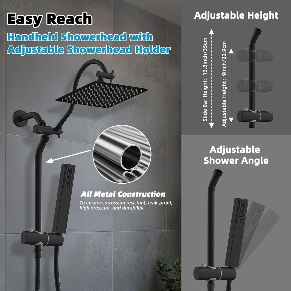 Hibbent جميع المعادن ارتفاع ضغط 10 ''رأس دش الأمطار، مجموعة رأس الدش مع رذاذ محمول 4 أوضاع، تمديد 12 بوصة قابل للتعديل