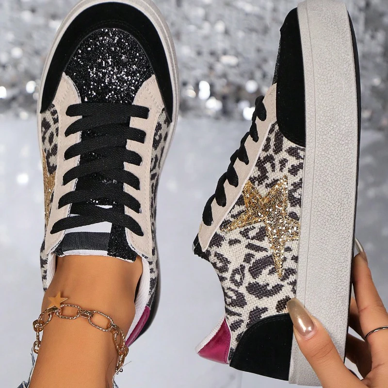 Women's Round Toe Leopard Print Casual Sneakers With Sequins Stars Decor Black Thick Bottom Lightwear Fashion Woman White Shoes