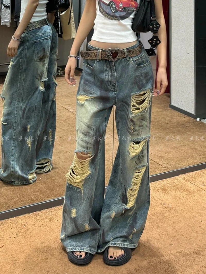 Amerykańskie jeansy z dziurami w stylu high street dla kobiet i mężczyzn, luźne spodnie jeansowe w stylu retro BF Lazy Style na lato 2025