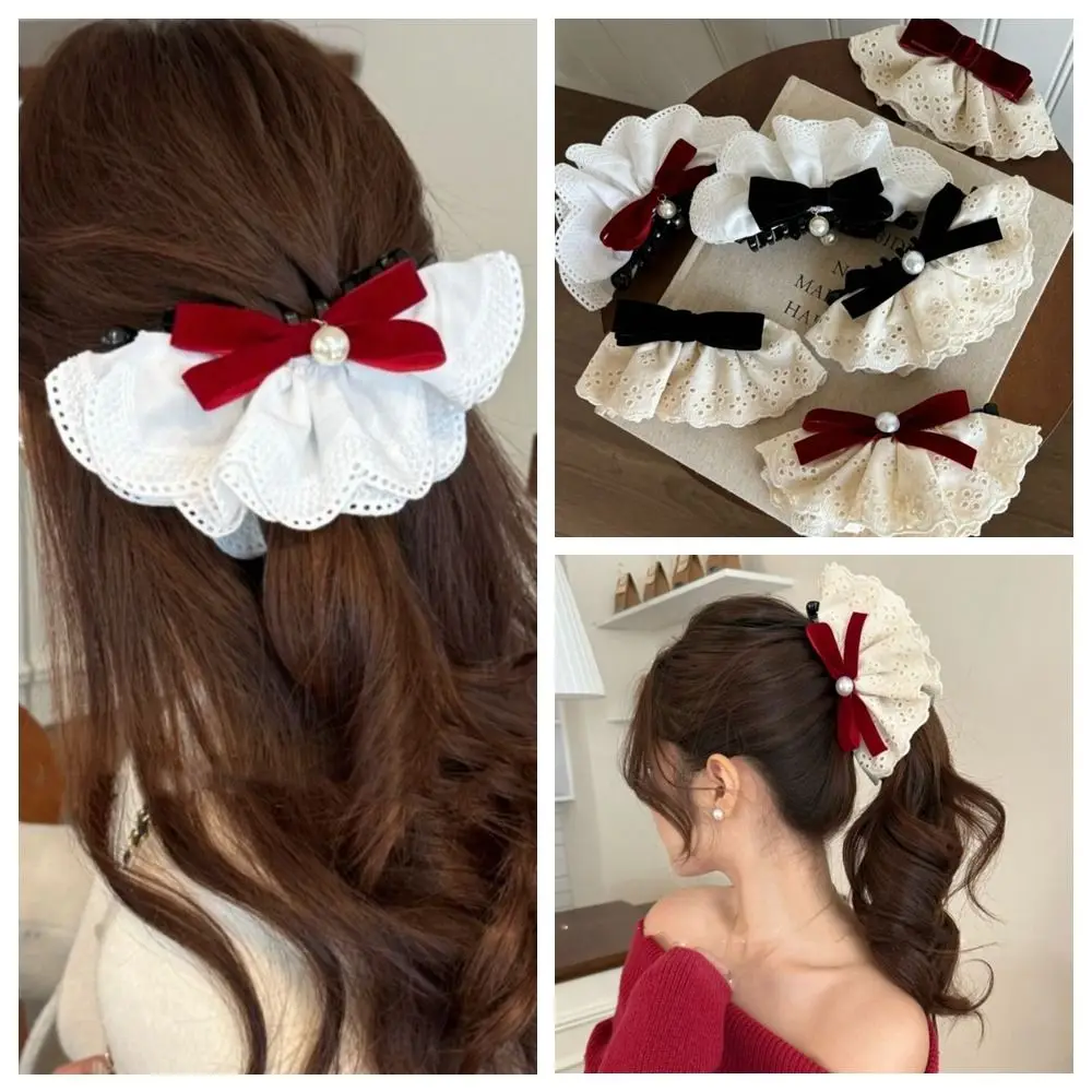 

Elegant Cloth Red Velvet Bow Hair Clip Hair Clips Vintage Style Bowknot Banana Clip Pearl Korean Style Bow Vertical Clip Girls