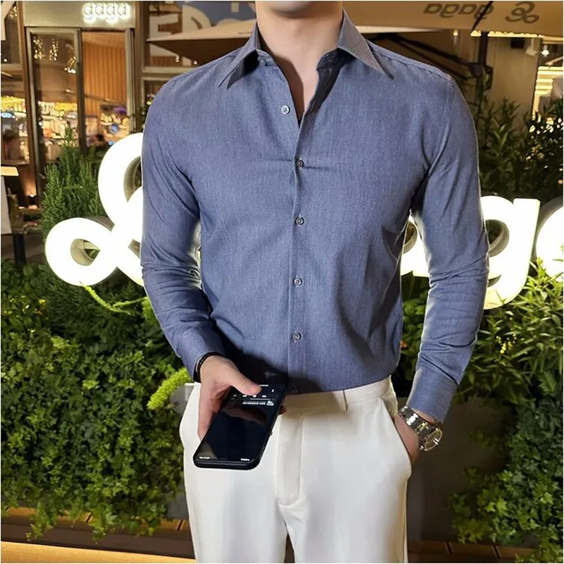 6 Colors Gentleman Lapel Slim Fit Shirt 2024 New Long Sleeve Solid Color Casual Business Social Party Shirts Men Clothing 4XL-M