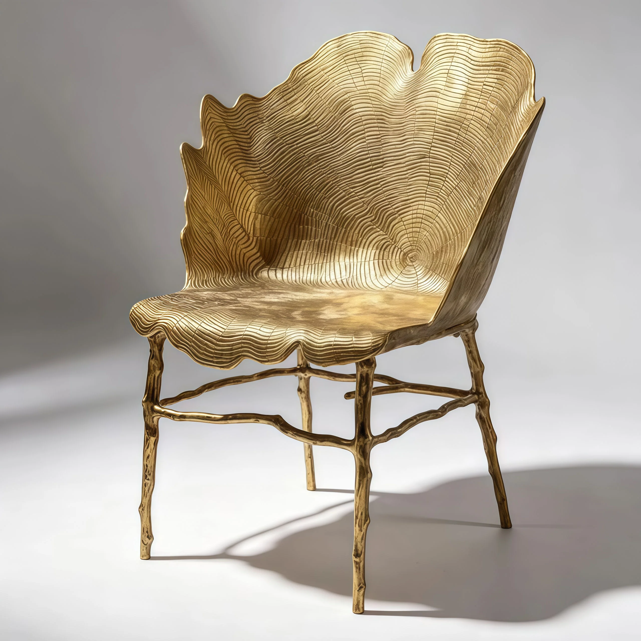New Customized Dining Set Luxury Brass Bionic Tree Ring Cast Brass Leisure Chair Living Room Villa Hotel Exhibition Leather
