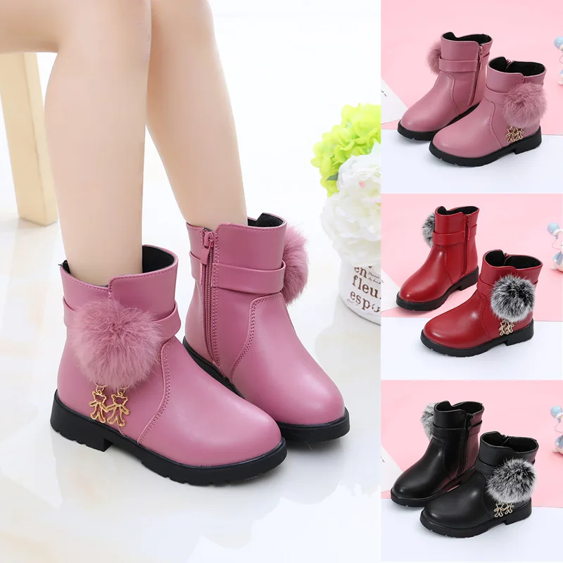 New Winter Girls Boots Real Fur Ball PU Leather Kids Snow Boots Warm Plush Sneakers Children Shoes