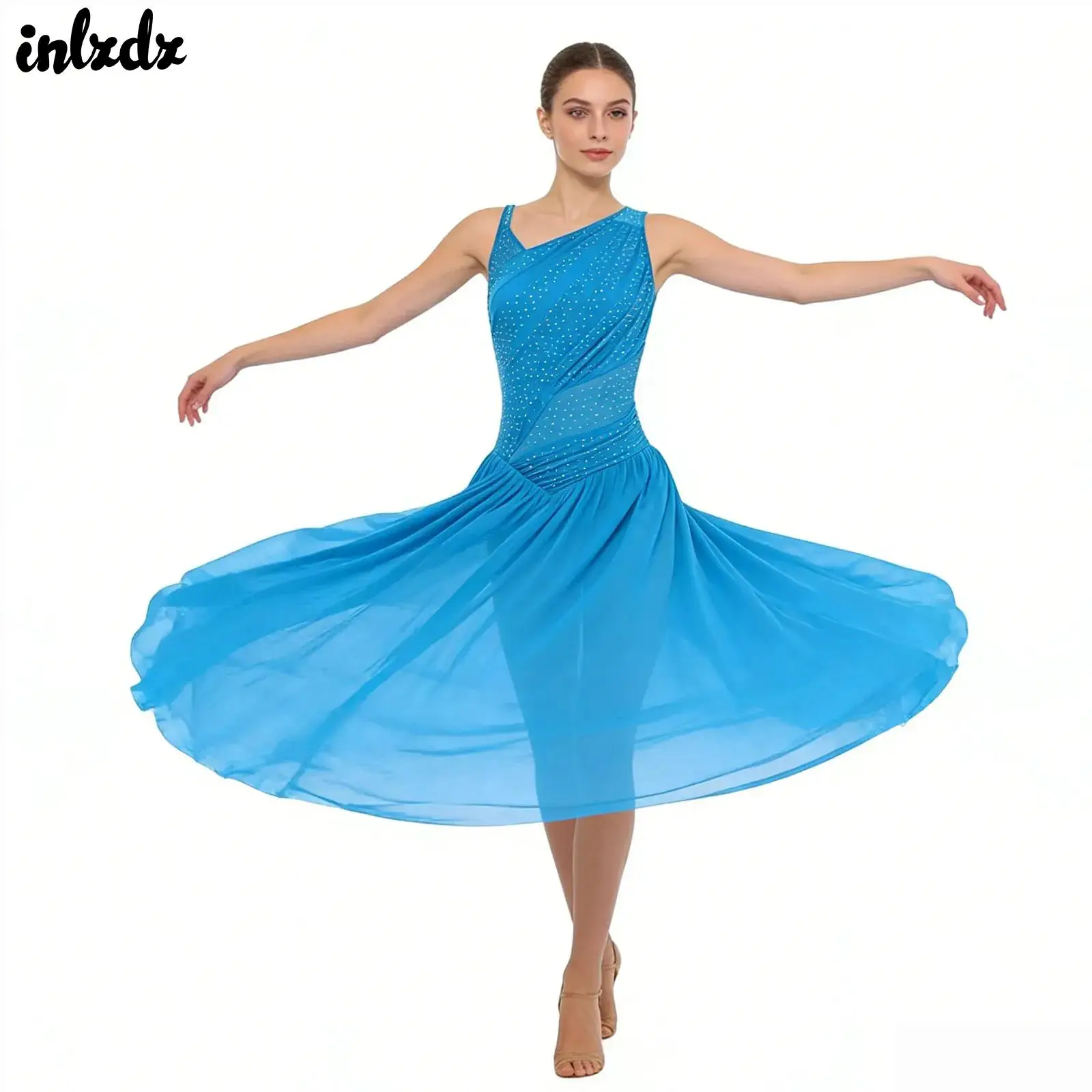 

Womens Flowy Dance Gown Rhinestone Ruched Backless Slit Mesh Hem Long Dress Modern Ballet Lyrical Dance Performance Costume