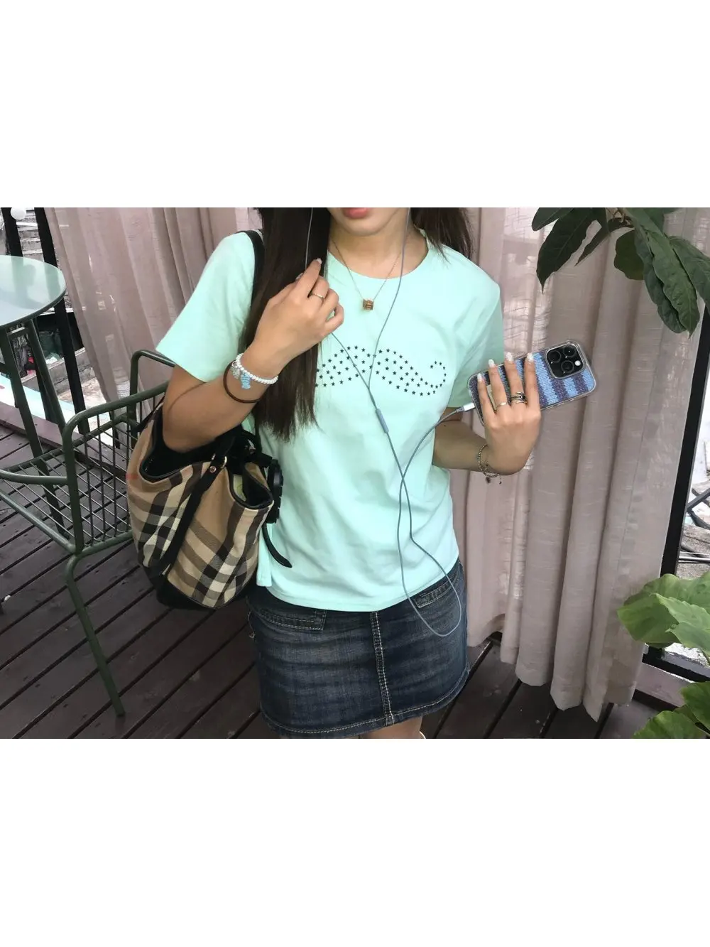 2026 new summer fresh green star mustache printed round neck short sleeved T-shirt top for casual and versatile vacation dates