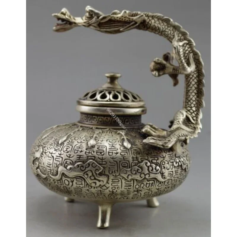 Chinese Old Handmade Tibetan Silver Carved Dragon Incense Burner