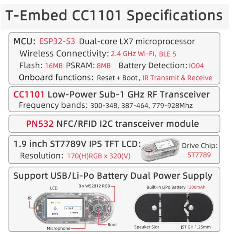 

B04B-T-Embed ESP32-S3 CC1101 Маломощный радиочастотный приемопередатчик Sub-1 ГГц PN532 NFC RFID I2C Модуль ЖК-плата Встроенный аккумулятор 1300 мАч