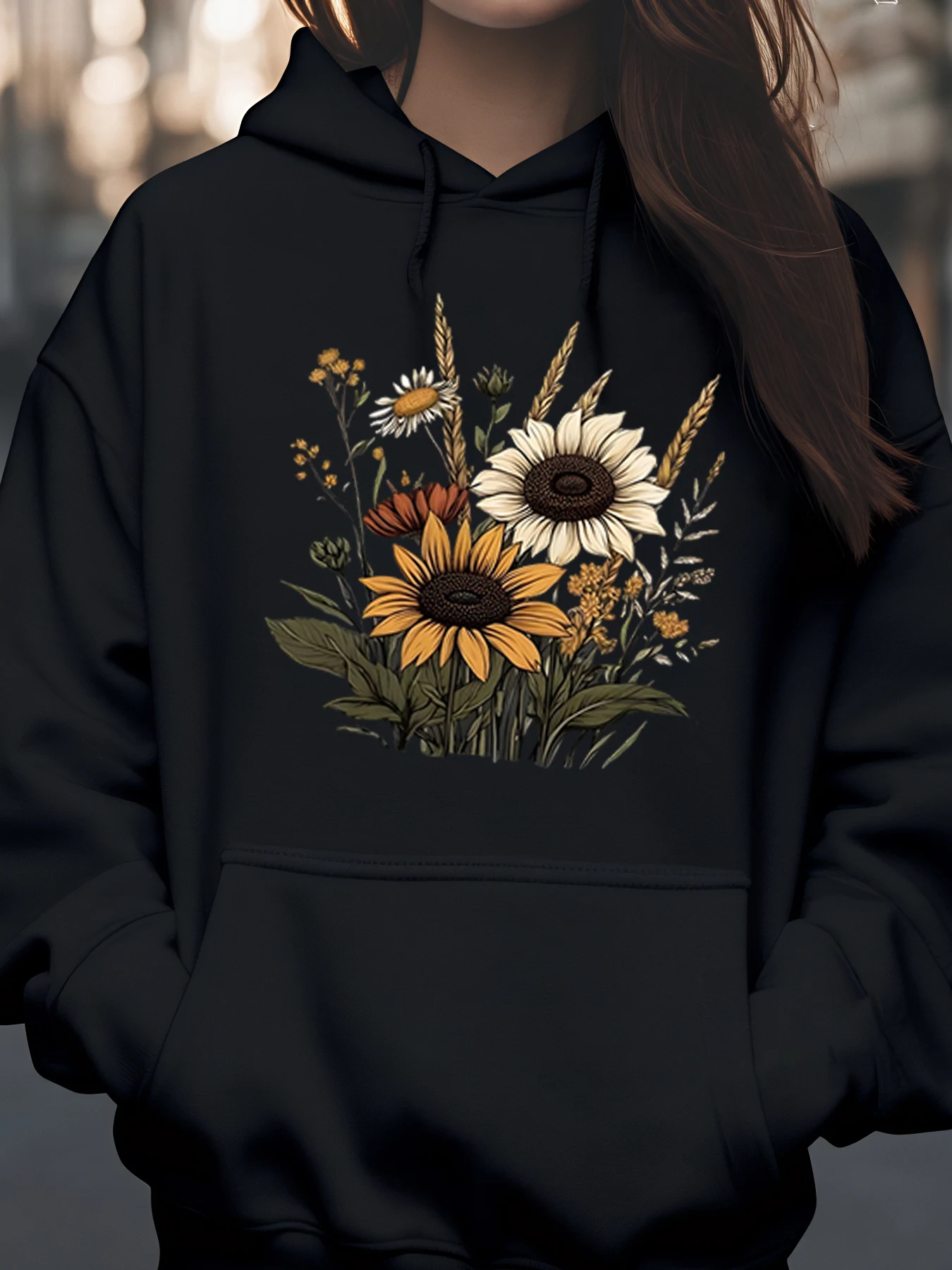 

Толстовка с принтом букета полевых цветов, осенне-осенняя повседневная одежда, женская мода