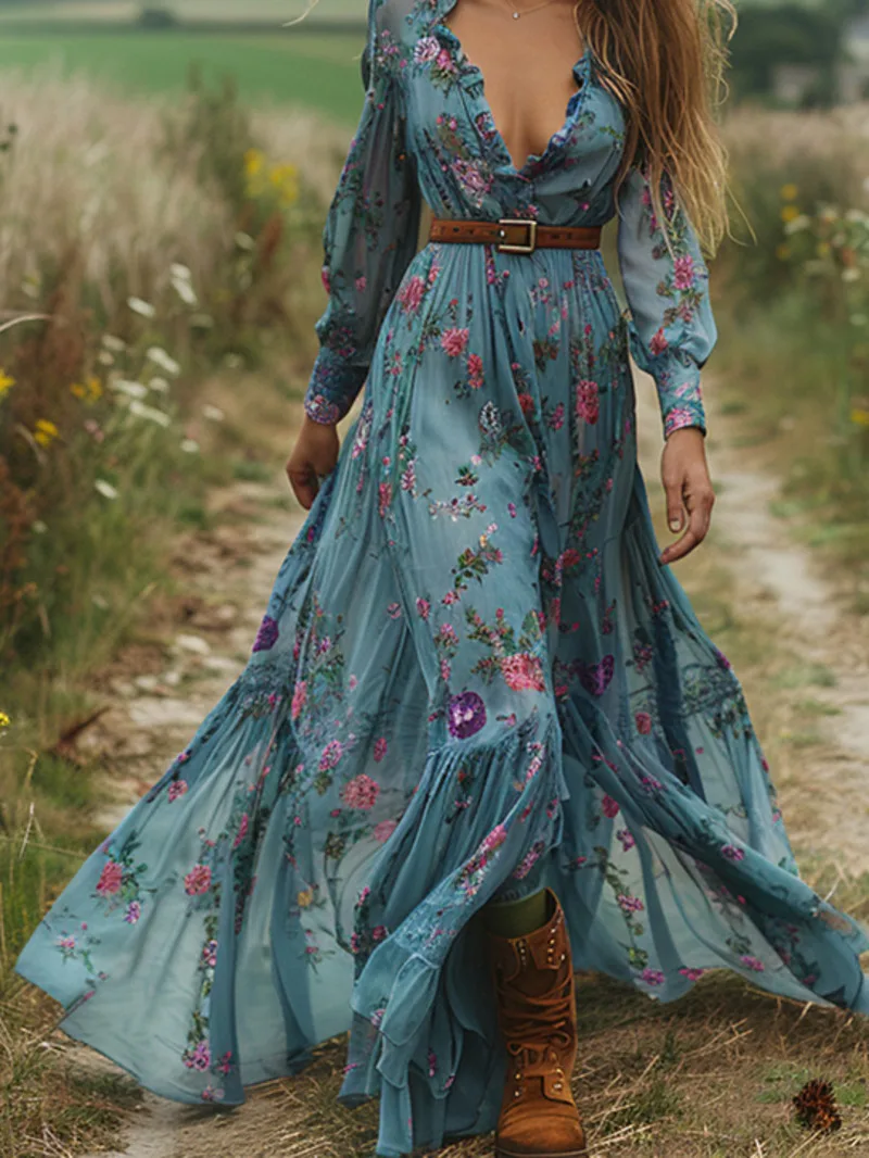 ヴィンテージパターンプリント長袖女性ドレスカジュアル V ネックハイウエストプリーツ秋ドレスエレガントなルーズボヘミアンドレス B7Q