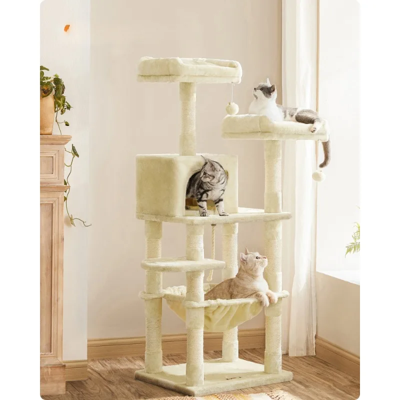 Multi functional Modular Tall Cat House Tower Condo 143cm Scratches Climbing Tree with 2 Plush Perches