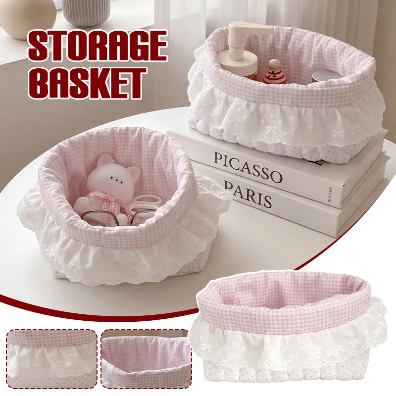 Foldable Ruffle Edge Storage Basket Cute Oval Lace Storage Box Pink Dots Desktop Storage Basket Desktop Decoration