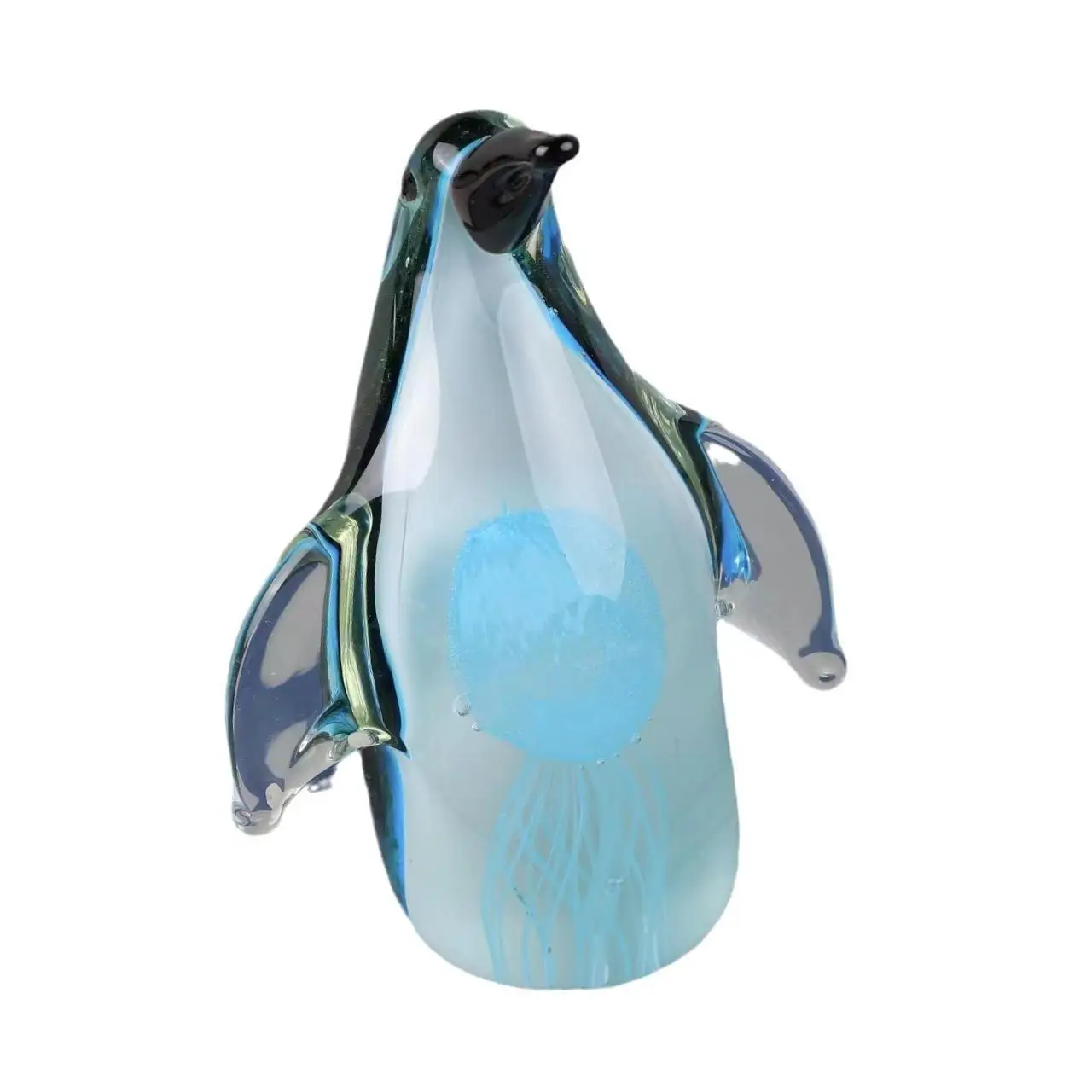 Art Glass Penguin with Jellyfish Figurine Handmade Blown Animal Statue Collectible for Bedroom Table Centerpieces Decoration