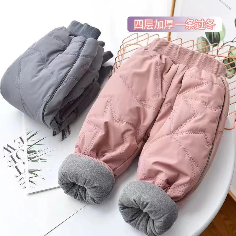 Kids Padded Warm Cotton Pants Winter Kids Thick Plus Velvet Trousers Autumn Teen Windproof Coldproof Solid Pants 1-6 Years