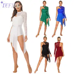 Womens Lace Spliced One Shoulder Leotard Dress Split See-through Mesh Lyrical Dance Dresses Figure Skating Stage Performance