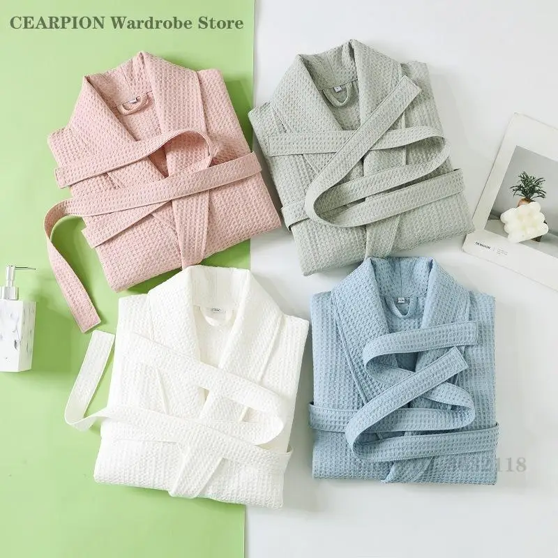 

Waffle Couples Mid-Long Yukata Bathrobe Spring Autumn Solid Cotton Robe Sleepwear Hotel Home Wear Intimate Lingerie Nightgown