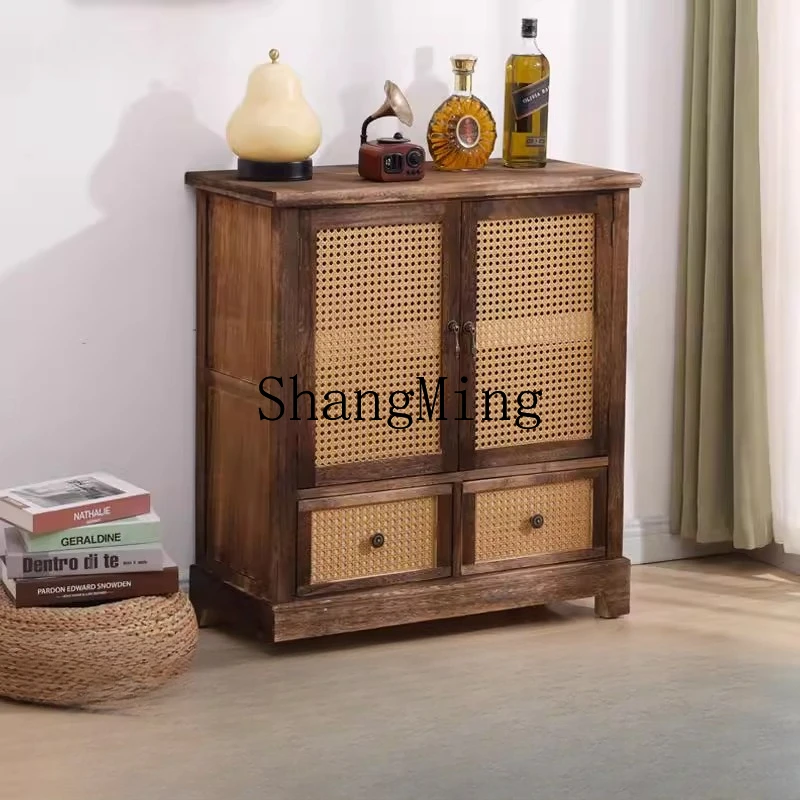 

FG Chinese solid wood dining side cabinet, living room against the wall, retro tea rattan storage chest