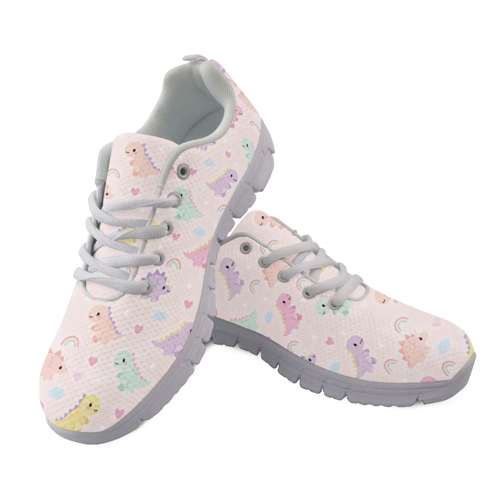Coloranimal Pastel Dinosaur Rainbow New Design Walking Shoes Mens Lace Up Athletic Trainers Soft Tennis Shoes for Women