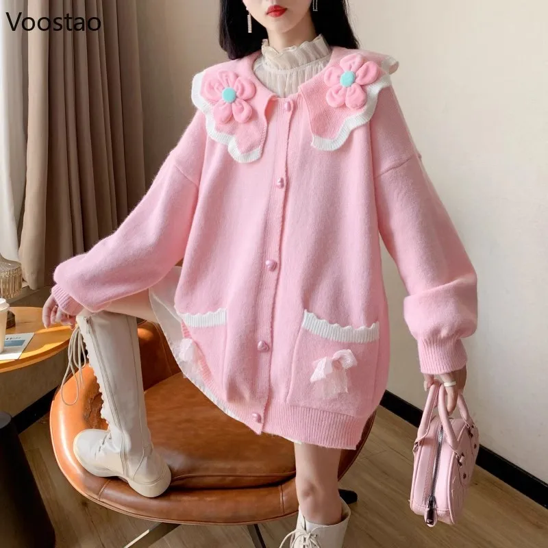 Sweet Lolita Style Loose Sweater Women Elegant Flower Bow Pocket Knitted Cardigan Tops Autumn Winter Female Cute Knitwear Coat