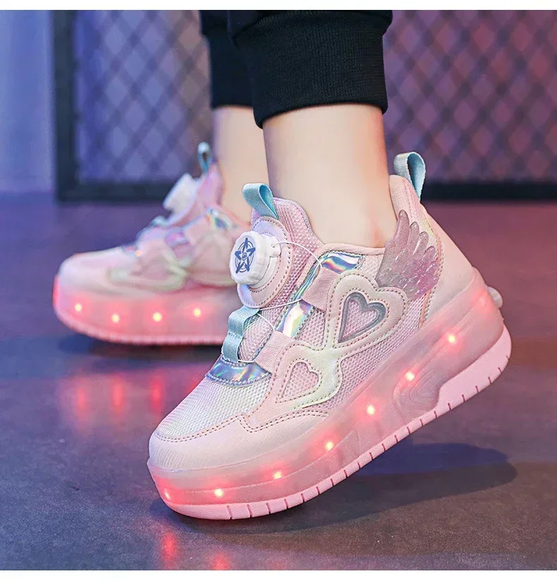 

Children Two Girls Wheels Luminous Glowing Sneakers Heels Pink Led Light Roller Skate Shoes Kids Led Shoes USB Charging