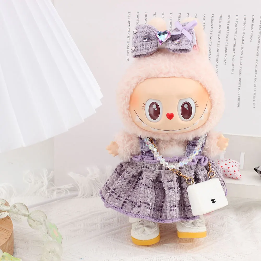For Labubu Purple small fragrant dress with hairpin, pearl necklace, and white bag  Doll Costumes  17cm Clothing Shoes Doll DIY