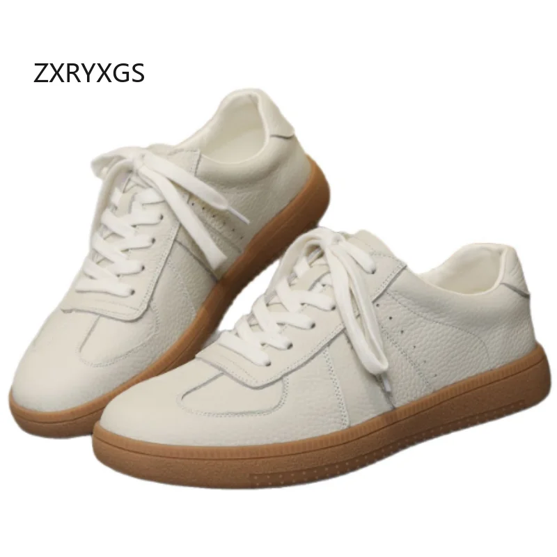 ZXRYXGS 2025 New Autumn Women Genuine Leather Shoes Flat Comfortable Non-slip Soft Sole White Shoes Travel Sneaker Trendy Flats