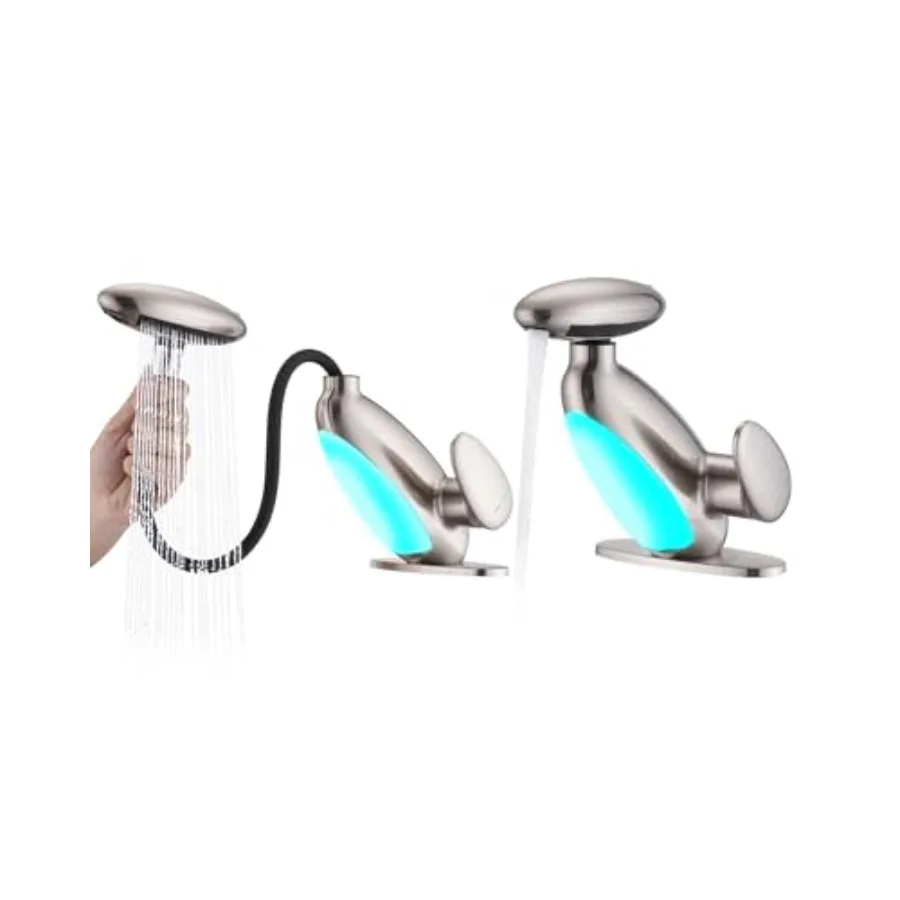 

Pull Out LED Bathroom Faucet 4 Modes Single Handle Waterfall Bathroom Sink Faucet 3 Colors Light Changing Stainless Steel Bath