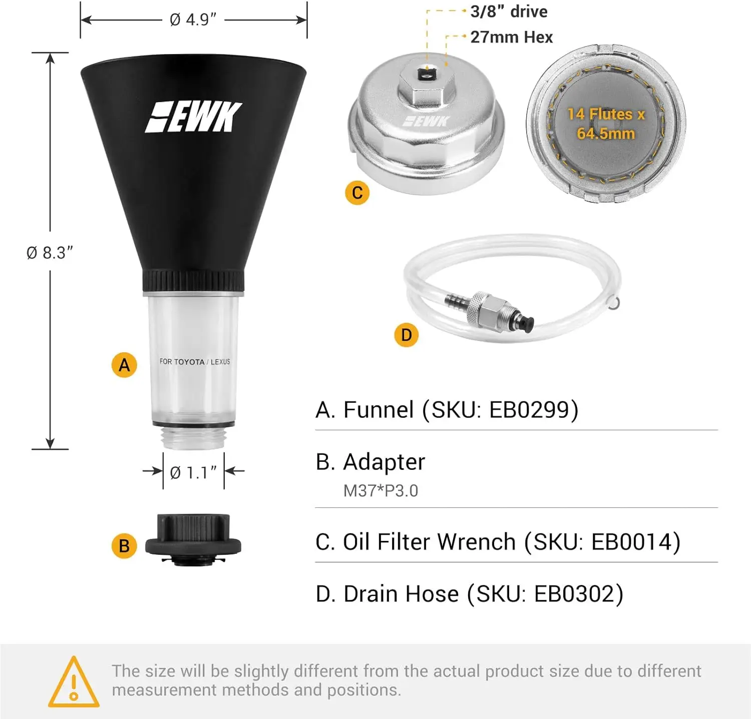 EWK 64mm Forged Oil Filter Wrench, Drain Hose, Oil Funnel for Toyota, Lexus, Scion 2.0L - 5.7L Oil Change Tool