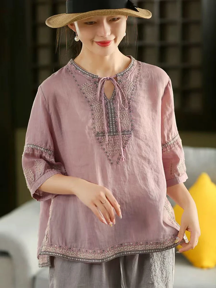 

Women Casual Linen T-shirts New Arrival 2025 Summer Vintage Style O-neck Embroidery Loose Female Half Sleeve Tops Tees M1590