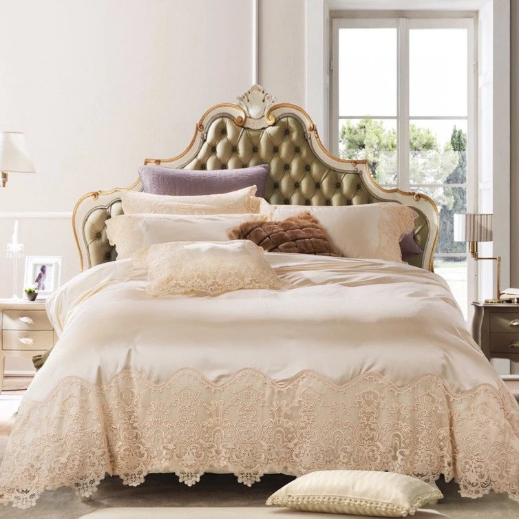 

High Quality Beige Queen Size Lace Embroidery Cover Duvet Luxury 100%cotton 2/2.3m Palace Quilt Cover Home Textile Bedding Set