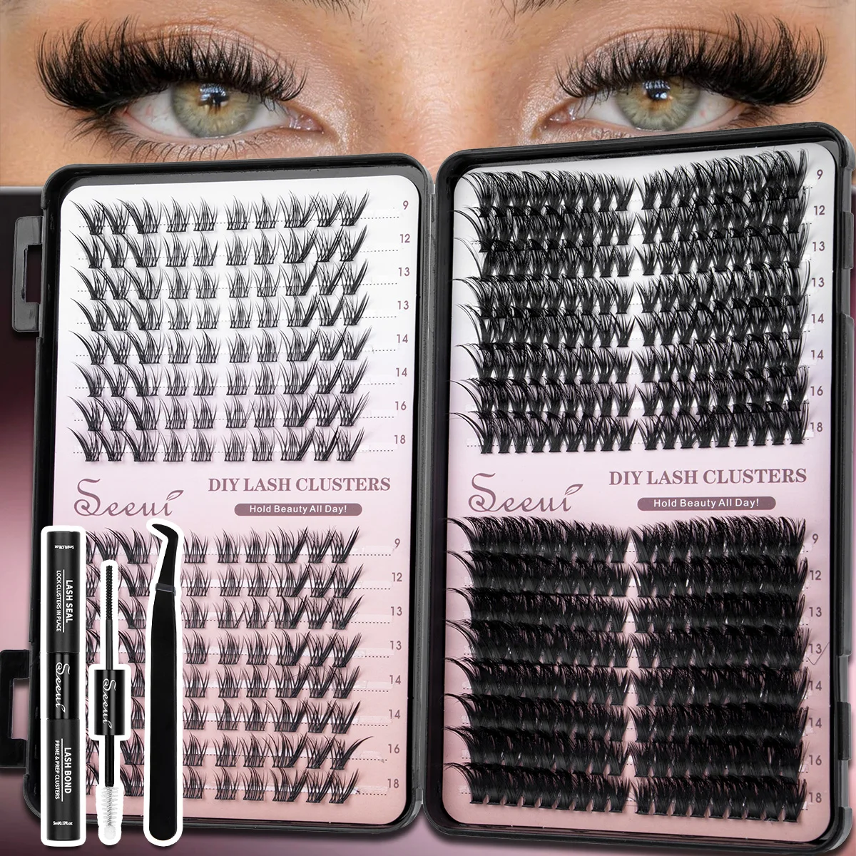 Wimpernbüschel-Set, Einzelne Wimpernbüschel-Verlängerungen, Wispy-Wimpern mit Wimpernkleber und Versiegelungsmittel sowie Pinzetten, Mix-Stile, Halloween – Detail 10