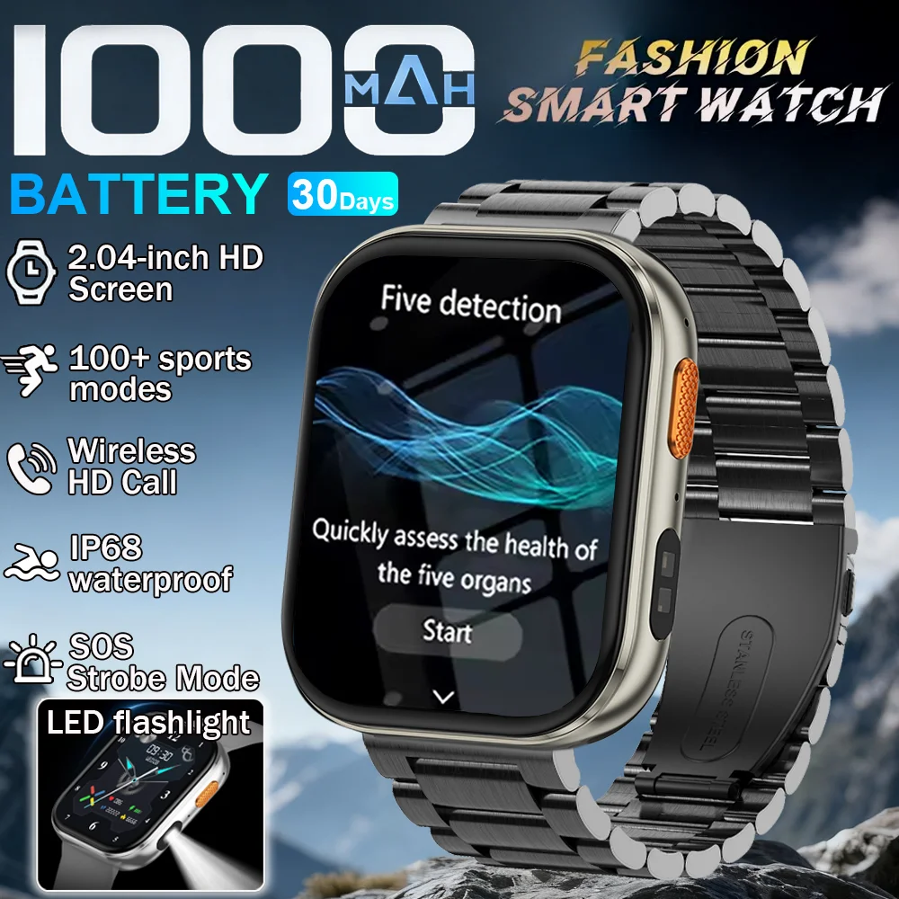 

2025 1000 мАч супер емкость аккумулятор для взрослых мужчин умные часы 2.04 HD большой экран Bluetooth вызов IP68 водонепроницаемые умные часы спортивные
