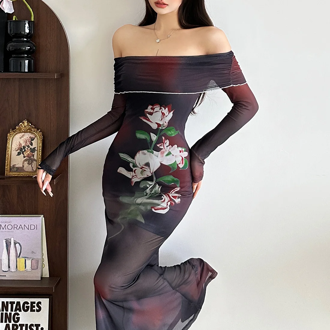 Retro Graffiti-style Y2K Black Eveningdress Rose-printed Sexy Off-the-shoulder Sheer Mesh Dresses Women's  Trendy Autumn Outfits