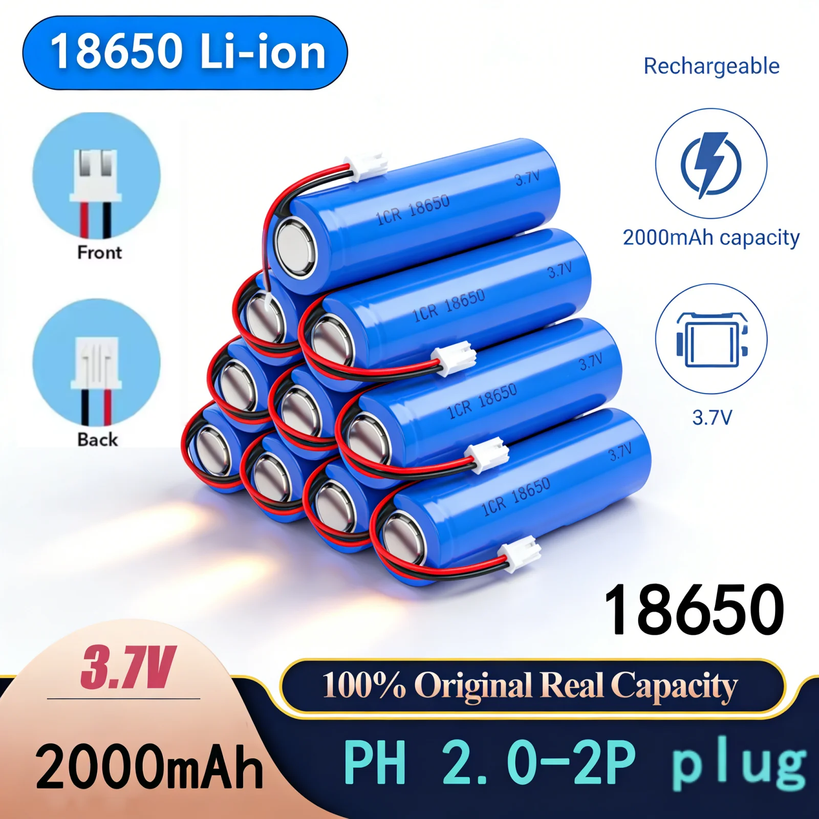 

Rechargeable 18650 Lithium Battery 3.7V 2000mAH PCB Protection PH2.0-2P Connector for Fishing LED Light Bluetooth Speaker