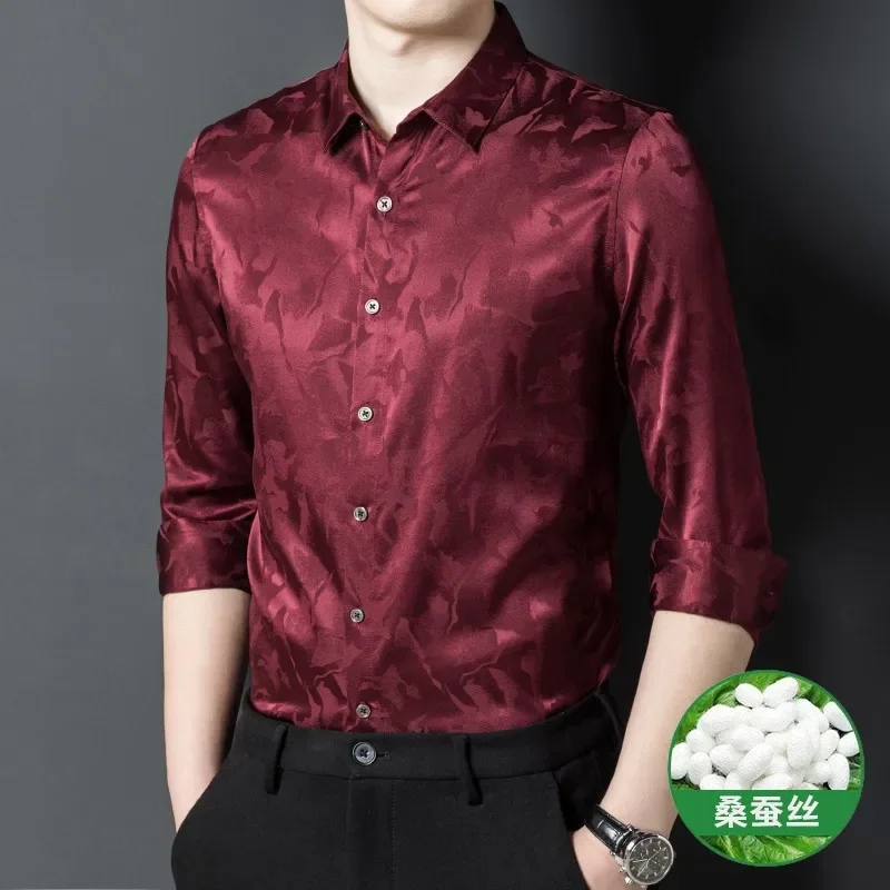 100% Real Natural Silk Clothing Claret Red White Elegant Clothes For Mens Dress Wedding Party Wear Satin Smooth Blouses Large