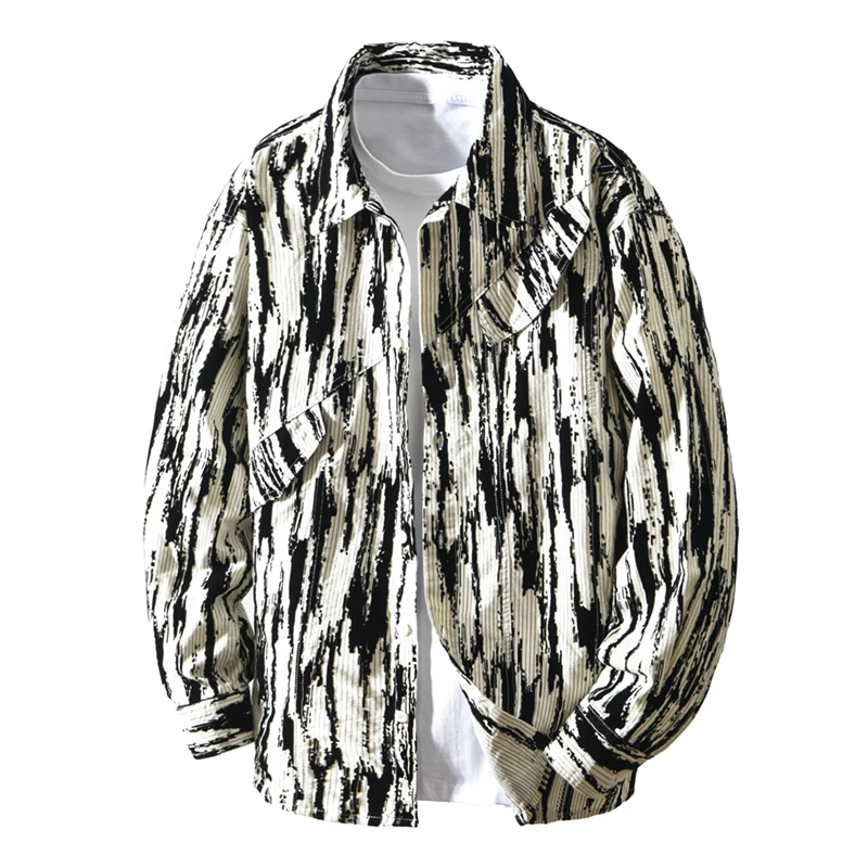 

2026 Весна-Осень Новая повседневная полосатая свободная удобная куртка с большим карманом для мужчин, 100% хлопок, уличная мужская рубашка