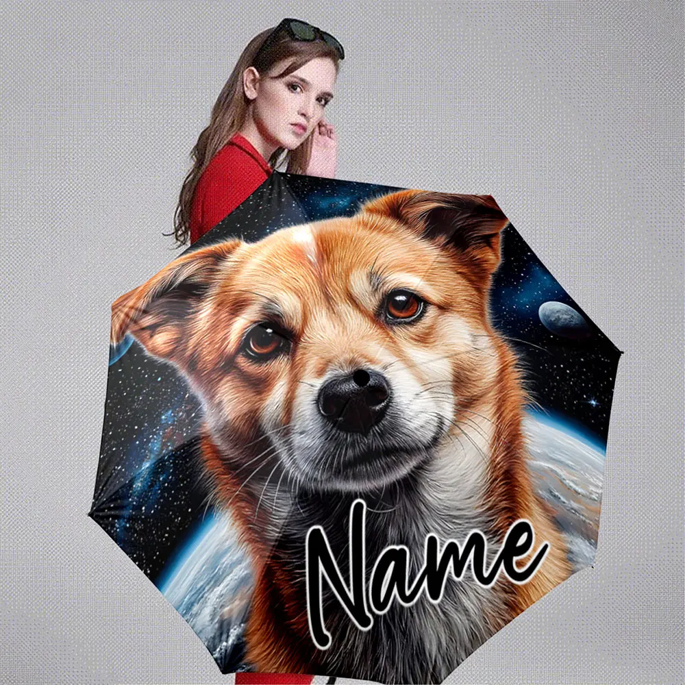 Custom Name Umbrella Brown and White Dog Portrait Cosmic Space 8 Iron Ribs Folding Umbrella Auto-Open Fashion Sunshade