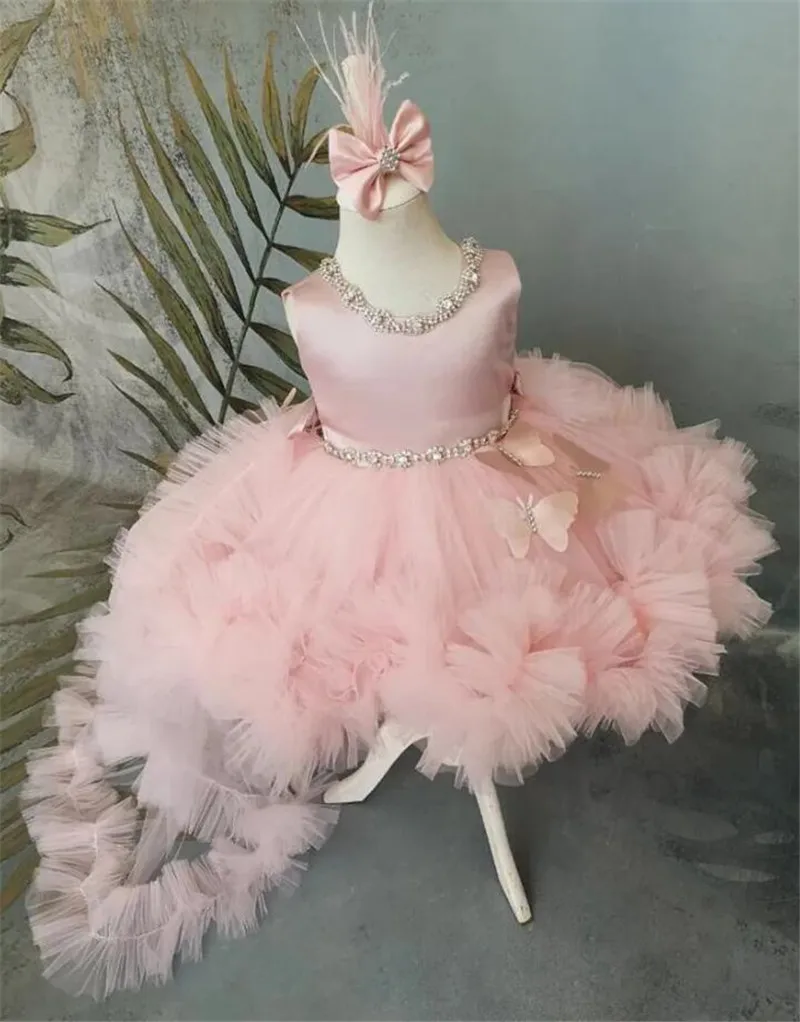 New Pink Baby Girl Dress 3D Butterflies Beaded O Neck Flower Girl Dress Princess Tutu Dress with Detachable Train