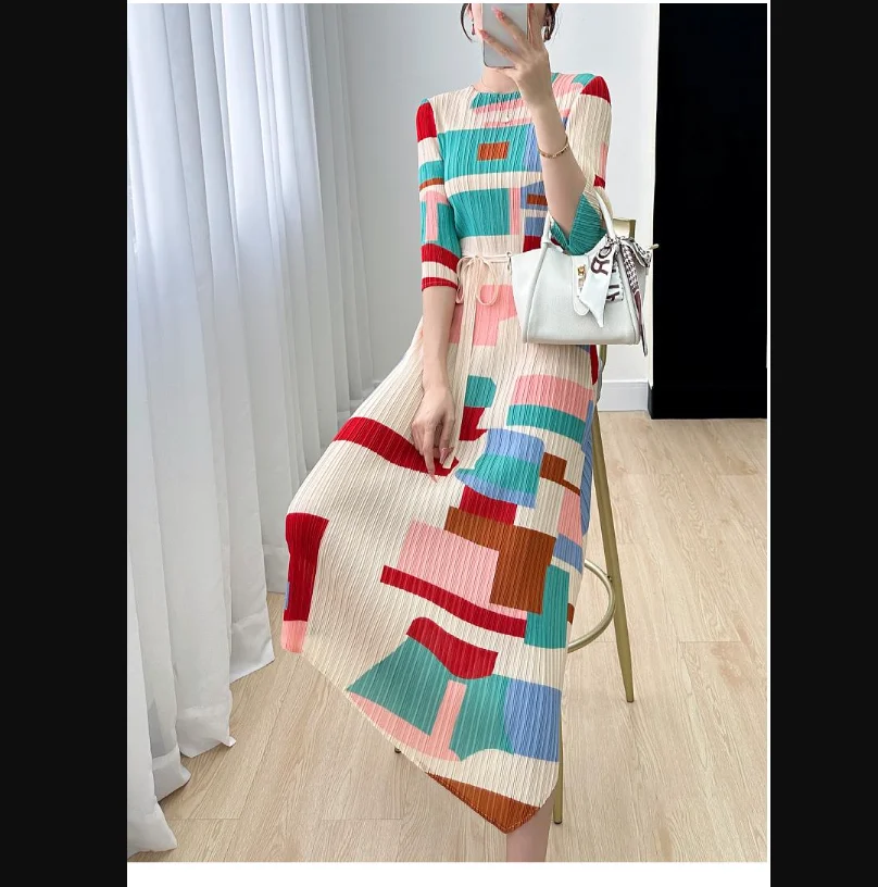 

HOT SELLING Miyake Fold stripes print o-neck three quarter lacing irregular dress IN STOCK