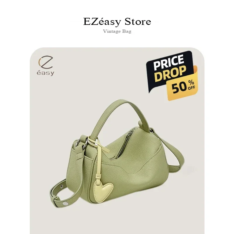 EZeasy New Women's Genuine Leather Bag Top Handle Handbag Underarm Boston Clutch Crossbody Morandi Shoulder Bags for Women