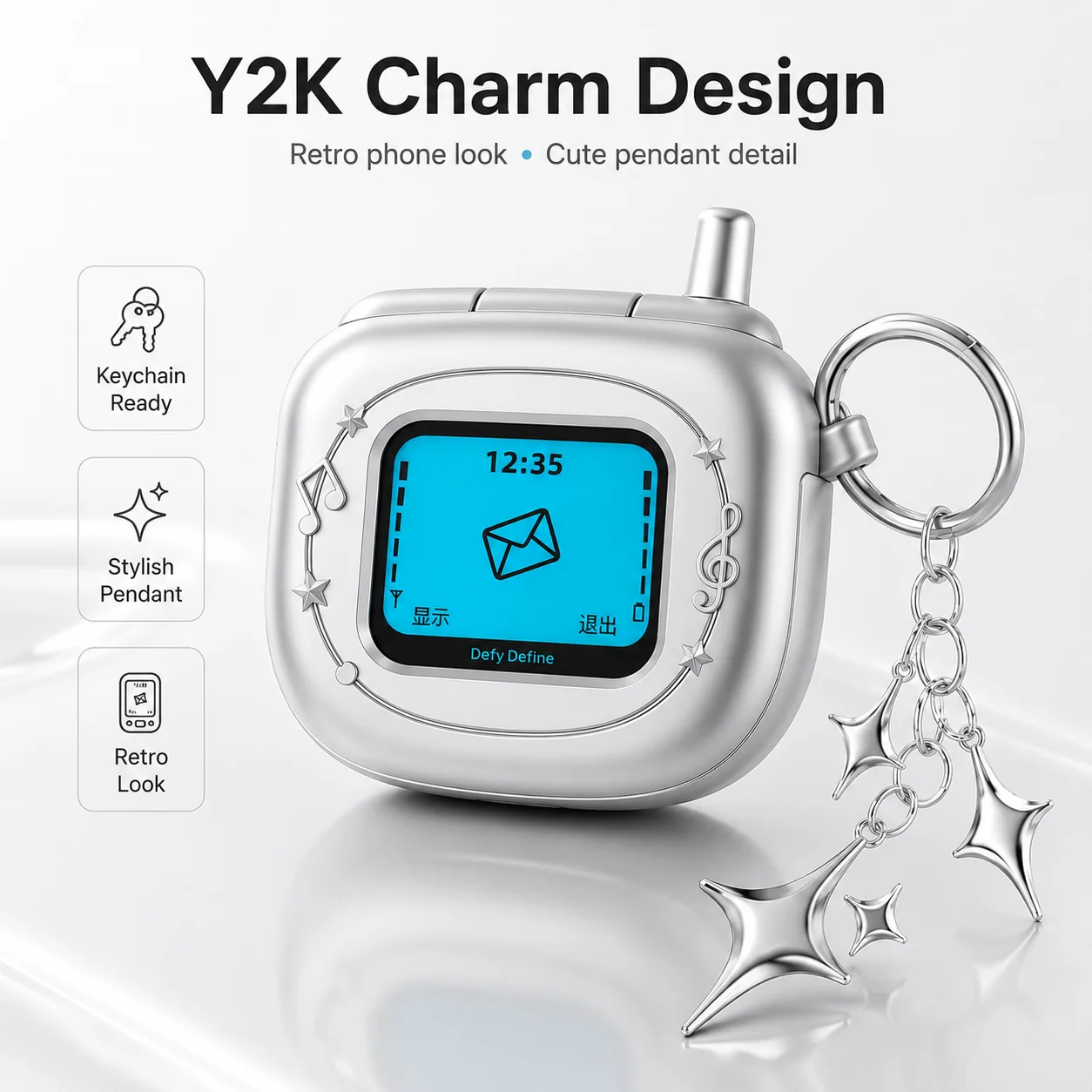 Retro Klapphandy AirPods Hülle, Y2K Matt Silberne Ohrhörer-Abdeckung mit Anhänger-Charm für Apple AirPods